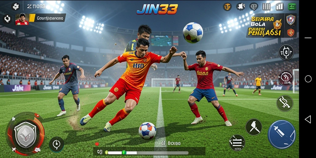 Screenshot gameplay JIN33 menampilkan aksi seru sepak bola.