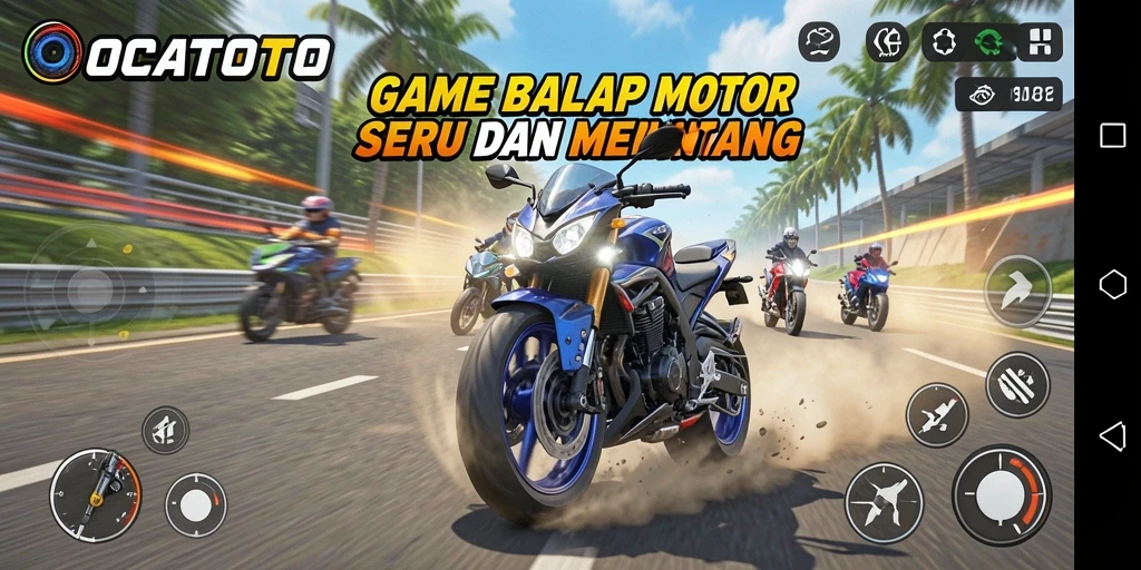 Screenshot utama OCATOTO menampilkan aksi balapan motor yang seru.